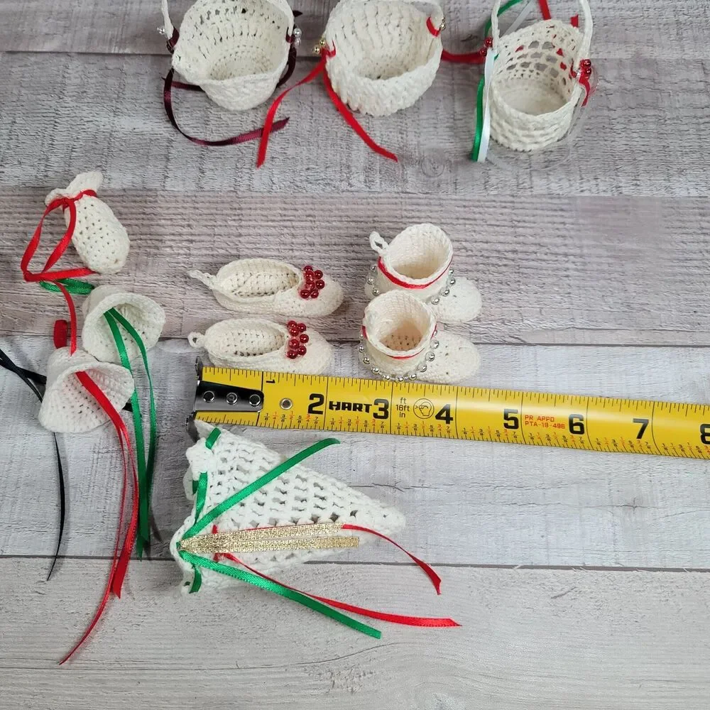Vintage Crochet Christmas Ornaments Handmade Boho Bells Baskets Booties Slippers